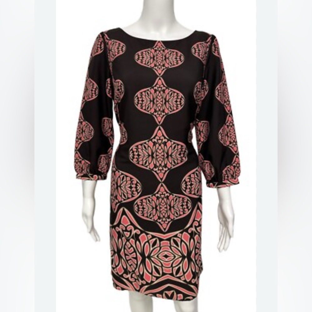 Ann Taylor Geometric Tile Print Sheath Dress Womens Medium Petite MP Brown Coral
